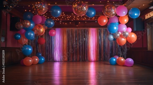 The venue is adorned with balloons and disco balls creating a nostalgic atmosphere of an adult theme photo