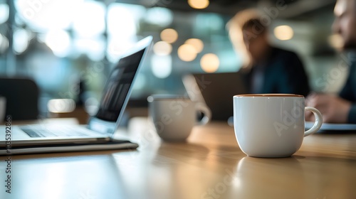 Coffee Cup on a Wooden Table with a Laptop and a Blurred Background