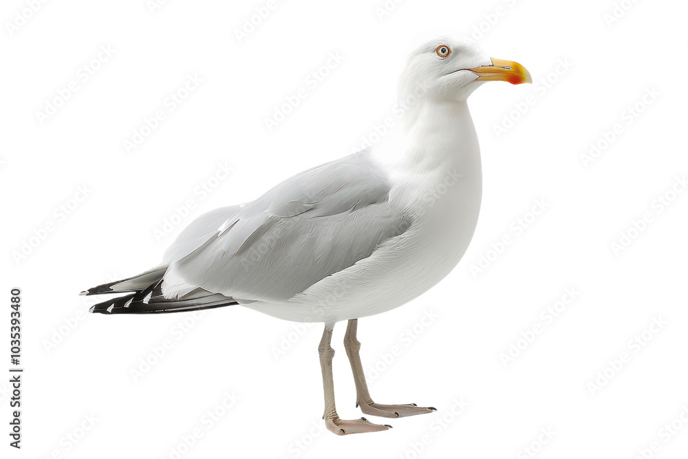 Naklejka premium Natural White Seagull Isolated on a White Background Ideal for Nature Conservation Themes and Bird Watching Promotion