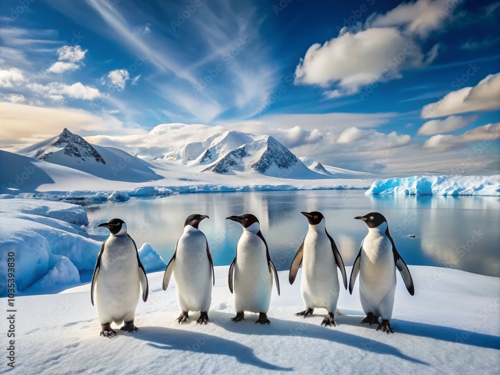 Fototapeta premium Five Penguins on a Snowy Landscape - Majestic Antarctic Wildlife Photography