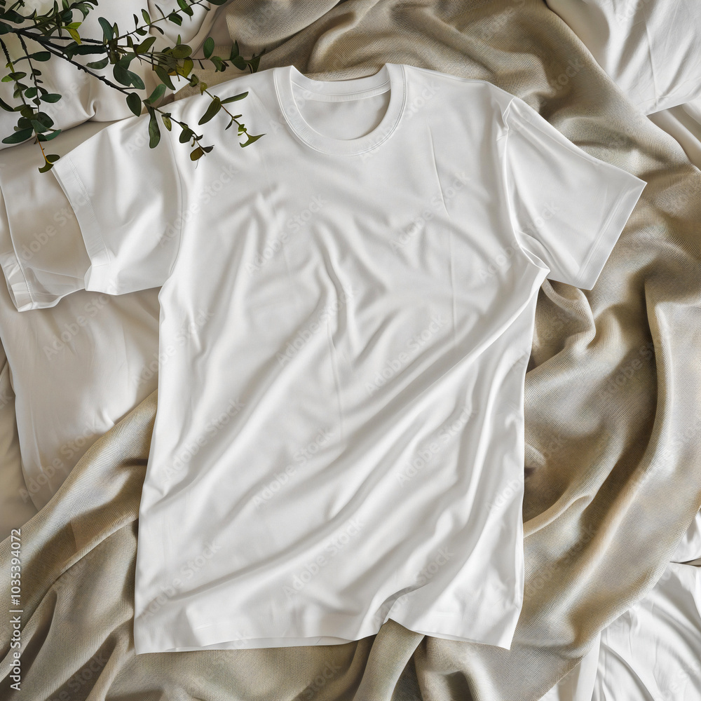 Mockup of a white t-shirt lying on the cosy holiday table. white t-shirt lying on the home table. Mockup of a white t-shirt lying on holiday bed. White t-shirt lying on the cosy home bed. Mockup of a white t-shirt lying on the cosy holiday table. white t-shirt lying on the home table. Mockup of a white t-shirt lying on holiday bed. White t-shirt lying on the cosy home bed.