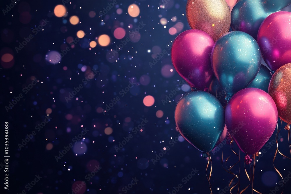 Celebratory balloons floating in the air during a vibrant evening party atmosphere Celebratory balloons floating in the air during a vibrant evening party atmosphere