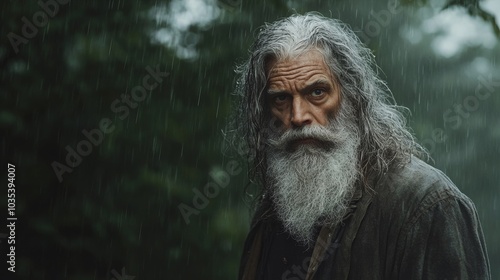 Noah with long gray hair and beard standing in the rain, Generative AI photo