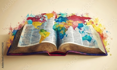 Religious global mission: Spreading the word. Illustration of an open bible or book with a colorful map of the world, Generative AI