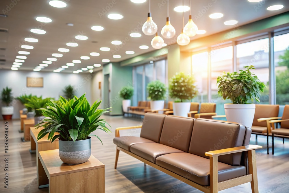 Fototapeta premium Flat Style Vector Illustration of a Clinic Waiting Room with High Depth of Field for Healthcare Design