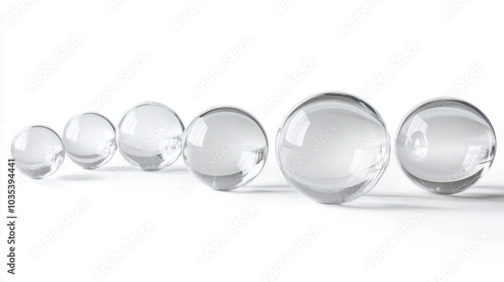 Transparent glass spheres of various sizes, arranged in a minimalist pattern, isolated on white background Transparent glass spheres of various sizes, arranged in a minimalist pattern, isolated on white background