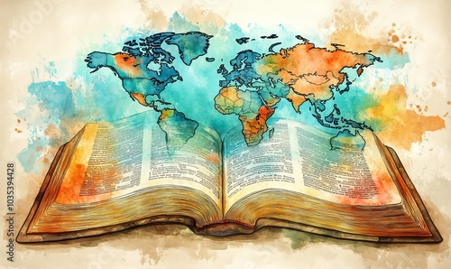 Religious global mission: Spreading the word. Illustration of an open bible or book with a colorful map of the world, Generative AI