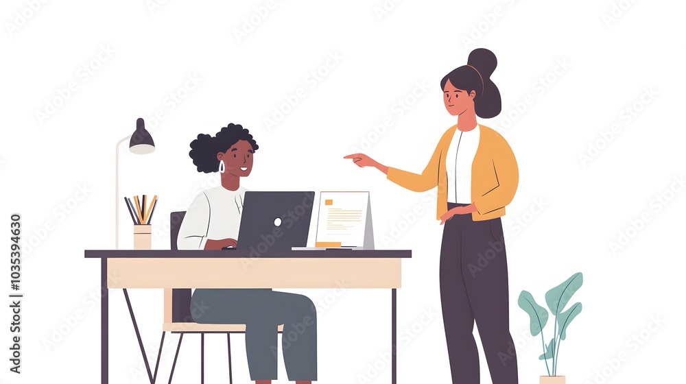 Two Women in an Office Setting with a Laptop and Desk Two Women in an Office Setting with a Laptop and Desk