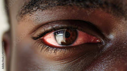 Conjunctivitis that forms in the eye of a young Black man as inflammation of the conjunctiva, causing significant irritation, reddening the inner eyelid and part of the sclera.