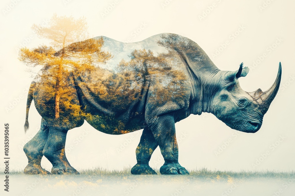 Fototapeta premium A majestic rhinoceros wandering through a serene landscape with trees at dawn's light
