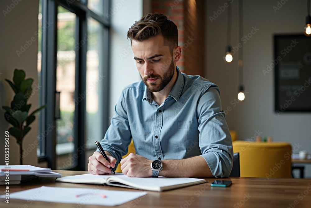 Man focusing on paperwork while writing in modern office with large windows and exposed brick walls Man focusing on paperwork while writing in modern office with large windows and exposed brick walls