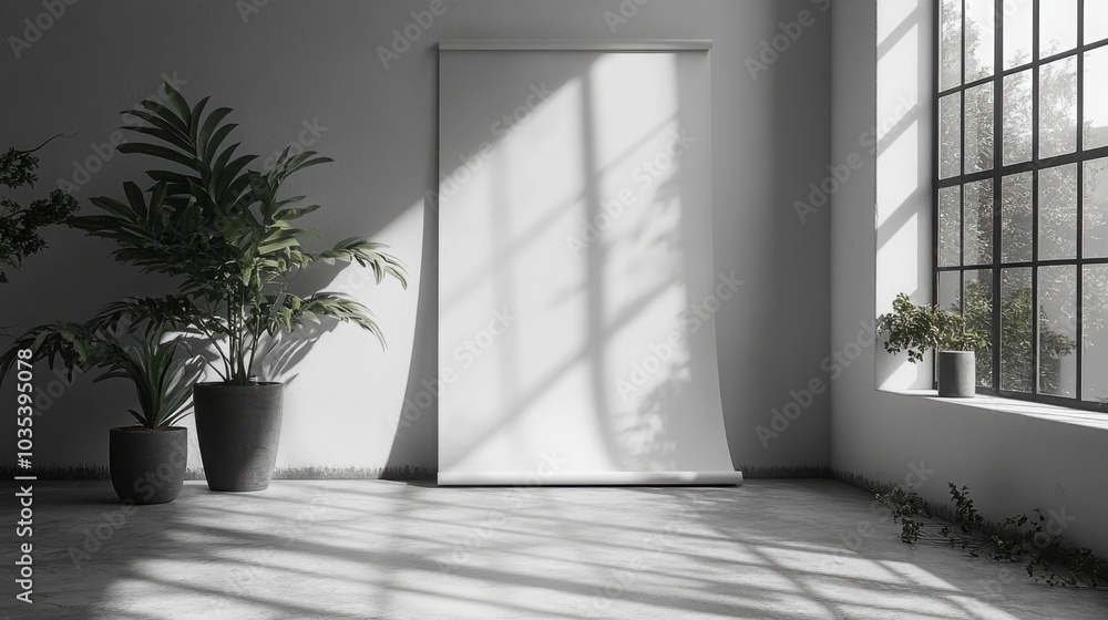 Fototapeta premium Minimalistic Studio Displaying a Blank Roll-Up Banner Ideal for Advertising and Promotion in Modern Space