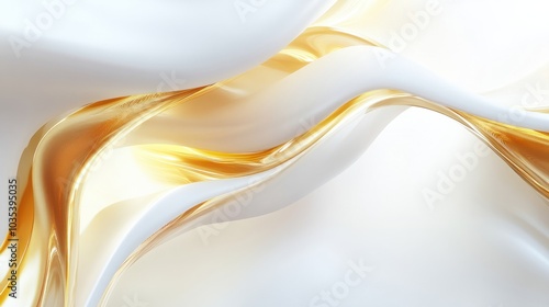 Abstract light waves in gold and white, twisting elegantly on a white background, glowing and sleek