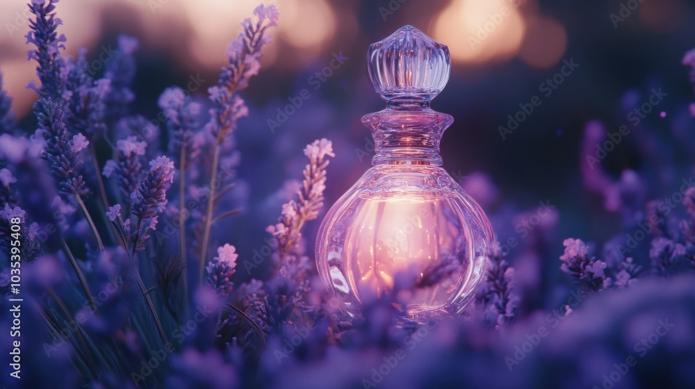 A glass bottle of perfume sits amongst a field of lavender, bathed in a warm sunset glow. A glass bottle of perfume sits amongst a field of lavender, bathed in a warm sunset glow.