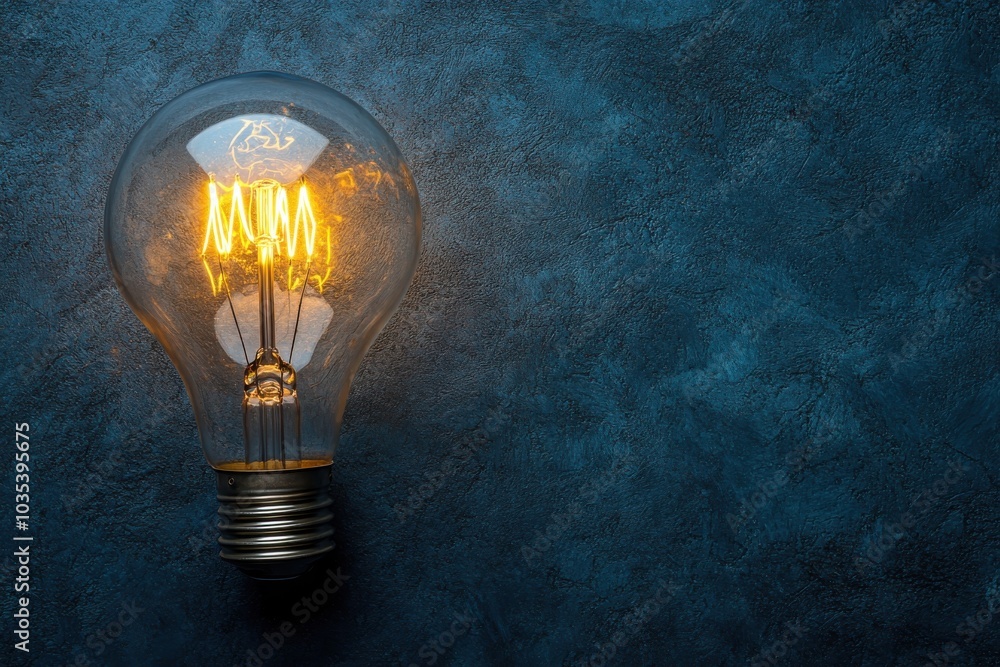 An illuminated light bulb casting a warm glow against a deep blue textured background An illuminated light bulb casting a warm glow against a deep blue textured background