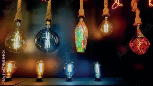 Decorative LED incandescent light bulb close-up. Modern rope chandelier. Vintage and retro lamp bulb. Filament LED lamp. Modern night light. Decorative flickering LED lighting.