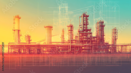 A horizontal banner with units for the oil industry. A 3D illustration of an architecture building based on imagination