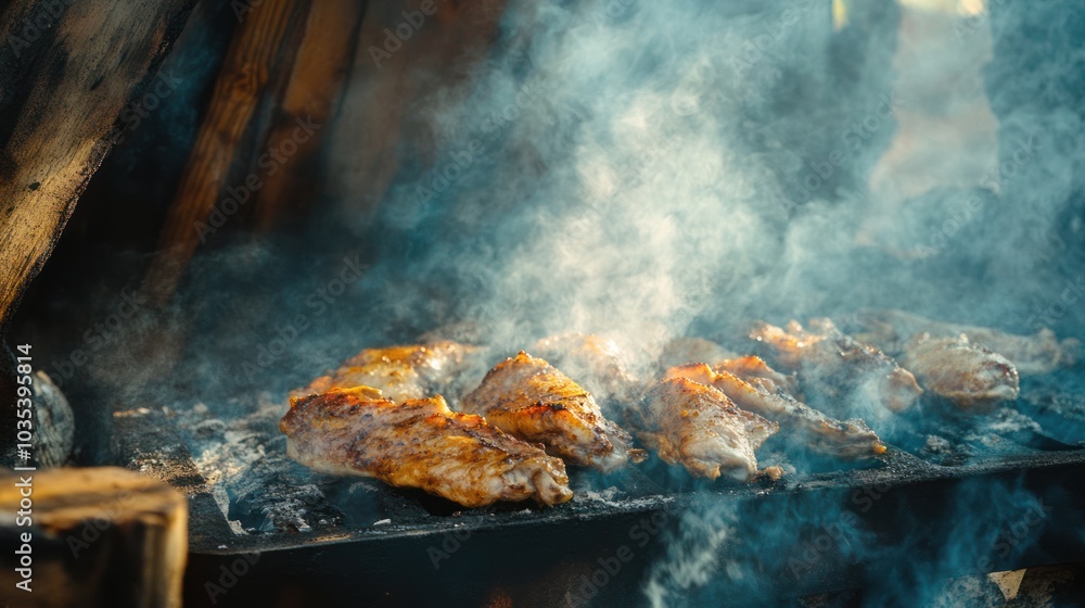 Smoking food over a wood fire, with meats and fish absorbing rich, smoky flavors in a traditional smokehouse Smoking food over a wood fire, with meats and fish absorbing rich, smoky flavors in a traditional smokehouse