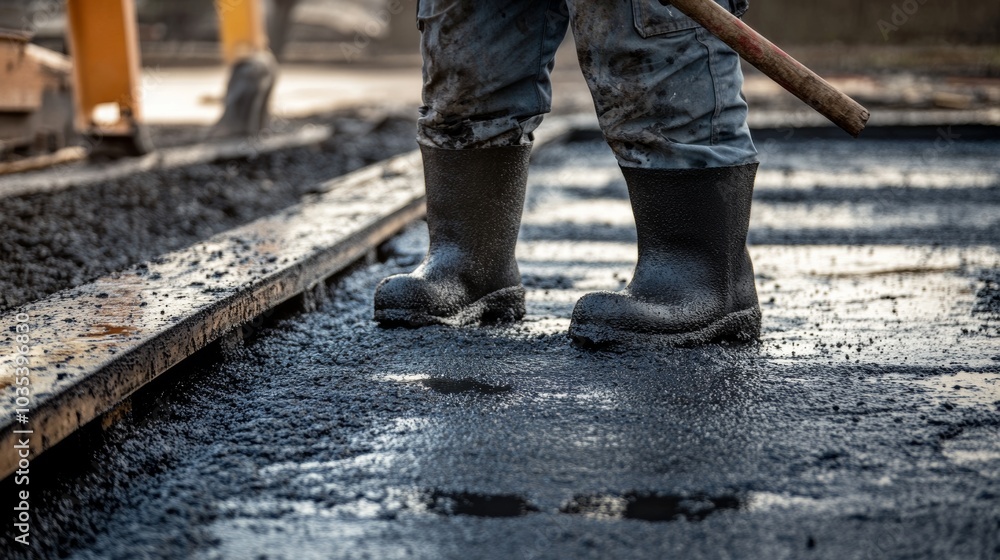 A construction supervisor overseeing the pouring of asphalt for a road resurfacing project, Asphalt pouring scene, Road construction style A construction supervisor overseeing the pouring of asphalt for a road resurfacing project, Asphalt pouring scene, Road construction style