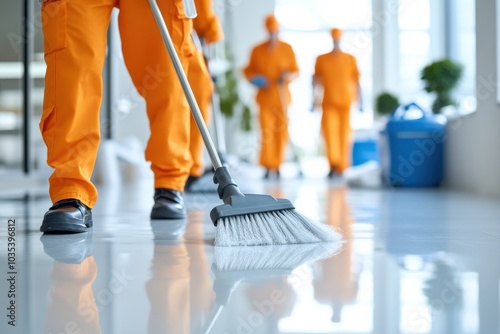 Dedicated cleaning team in bright orange uniforms revitalizing a modern office space