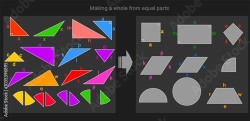 Quadrilateral types, circle piece. Math puzzle game. Making whole equal parts.halves, thirds. fourths. equivalent components. Visual math., drag and drop. Vector illustration