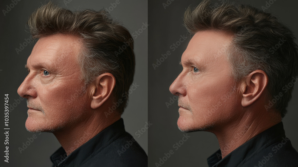 Fototapeta premium The left side of the man's face shows signs of aging, while the right side showcases the effects of cosmetic procedures, demonstrating rejuvenation, facelift and facial surgery, botox, threads, filler