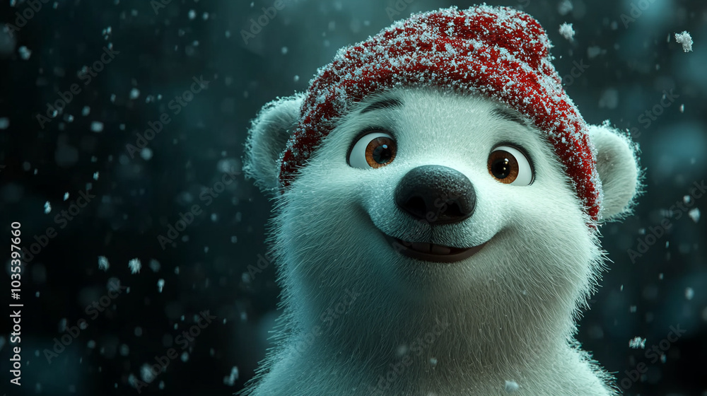 Obraz premium 3D cartoon polar bear in a Christmas hat
