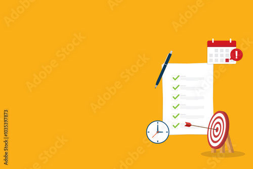 Meeting agenda. Reminder with a event list and schedule. Presentation with memo, Assignment target. Clipboard, checklist. Project task management and effective time.