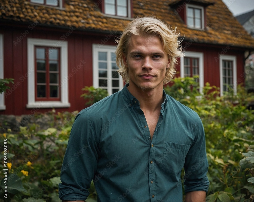 Muscular Scandinavian man standing confidently in front of a traditional red countryside house surrounded by greenery. Muscular Scandinavian man standing confidently in front of a traditional red countryside house surrounded by greenery.