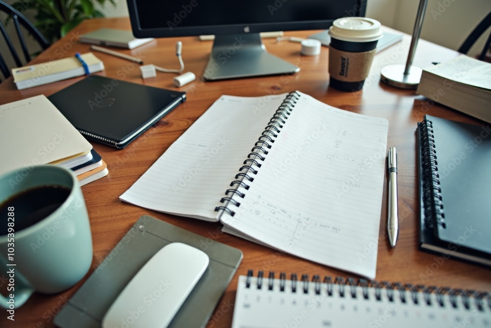 Tidy workspace featuring notebooks, coffee, and desk supplies creating an efficient environment for work and study. Notebooks are open, pen ready for writing Tidy workspace featuring notebooks, coffee, and desk supplies creating an efficient environment for work and study. Notebooks are open, pen ready for writing