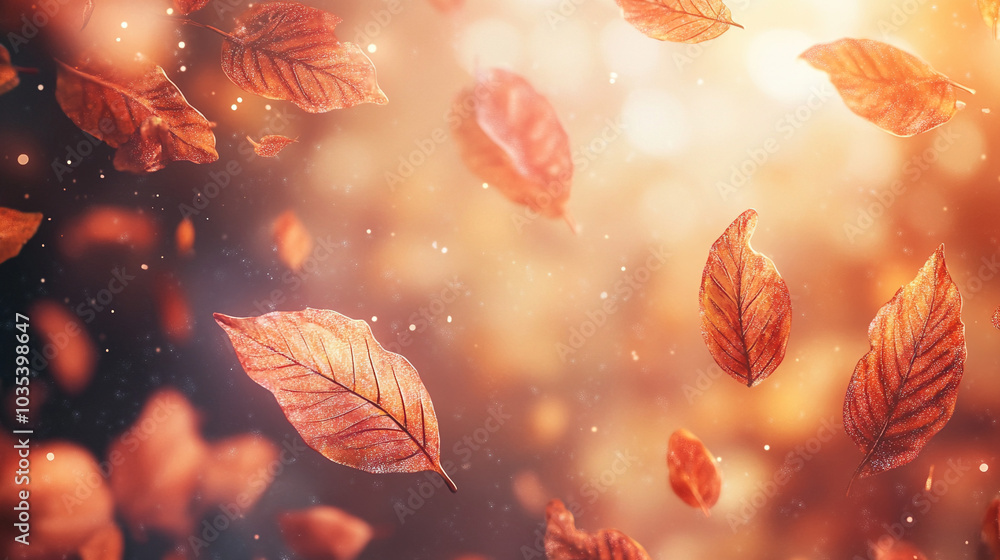 Falling autumn leaves against the backdrop of an autumn forest, blurred background. Design template for wallpapers with copyspace Falling autumn leaves against the backdrop of an autumn forest, blurred background. Design template for wallpapers with copyspace
