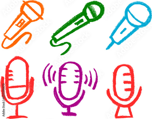 Microphone Icon Crayon Chalk Drawing Vector Set