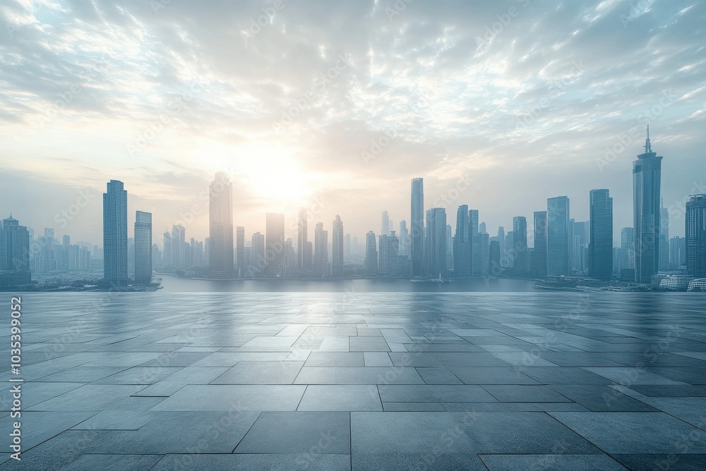 Sunrise over a futuristic skyline reflecting light on tranquil water in the heart of the city Sunrise over a futuristic skyline reflecting light on tranquil water in the heart of the city