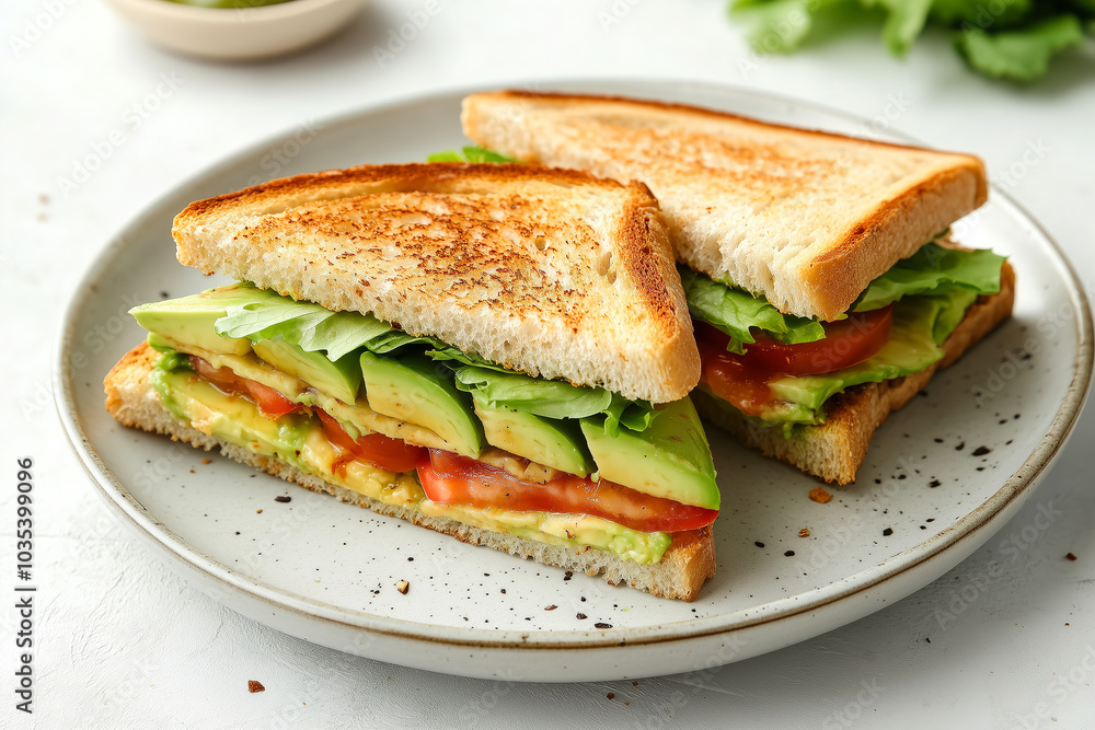 Delicious toasted avocado and tomato sandwich crafted with fresh lettuce on a white plate, perfect for a healthy lunch. Generative AI Delicious toasted avocado and tomato sandwich crafted with fresh lettuce on a white plate, perfect for a healthy lunch. Generative AI