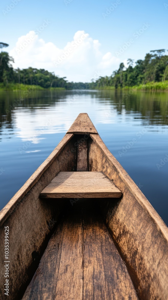 A wooden canoe glides smoothly over a tranquil river, surrounded by lush greenery and blue skies, reflecting calmness and nature’s beauty. A wooden canoe glides smoothly over a tranquil river, surrounded by lush greenery and blue skies, reflecting calmness and nature’s beauty.
