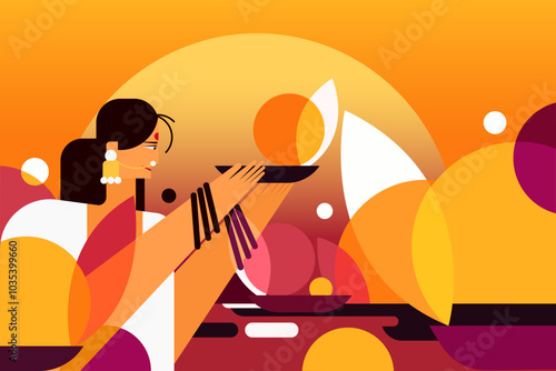  Illustration of a woman holding a Diwali festival lamps