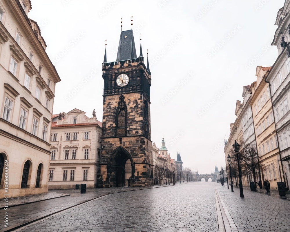 Fototapeta premium A serene view of a historic clock tower surrounded by elegant architecture on a foggy day, showcasing the beauty of European urban landscapes.