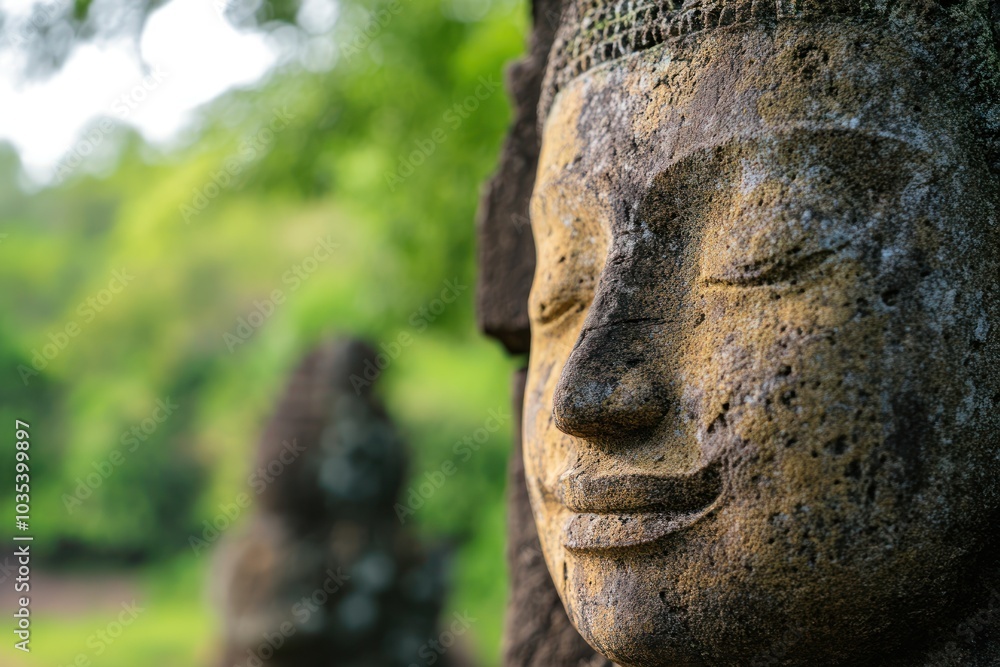 A serene stone Buddha face, partially obscured, surrounded by lush greenery, conveying tranquility and spiritual wisdom. A serene stone Buddha face, partially obscured, surrounded by lush greenery, conveying tranquility and spiritual wisdom.