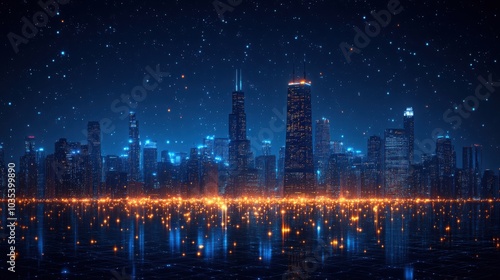 Stunning Chicago Skyline at Night Showcasing Illuminated Buildings Perfect for Travel Articles, City Guides, and Urban Photography Projects