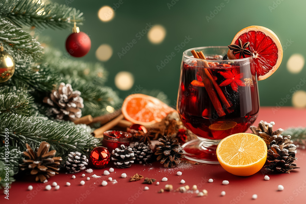 A glass of vibrant holiday punch sits among pine cones and slices of citrus fruits, creating a cozy atmosphere for winter festivities A glass of vibrant holiday punch sits among pine cones and slices of citrus fruits, creating a cozy atmosphere for winter festivities