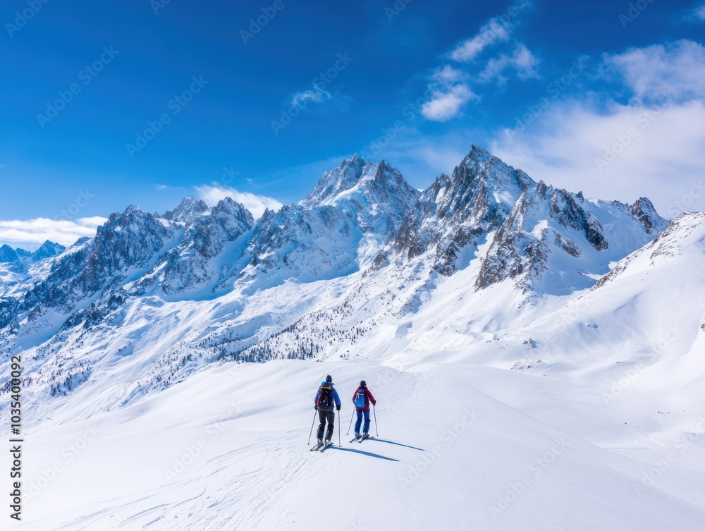 Two skiers traverse a snowy landscape, surrounded by majestic mountains under a clear blue sky. Two skiers traverse a snowy landscape, surrounded by majestic mountains under a clear blue sky.