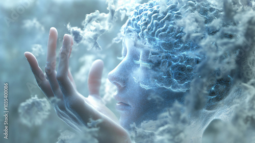 A 3D illustration of a hand touching a digital head featuring a brain, highlighting themes of science and futurism.



 photo