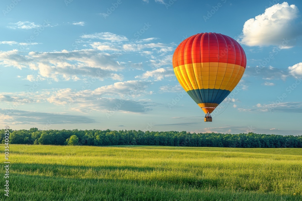 Fototapeta premium A vibrant hot air balloon gracefully glides over a lush green landscape at sunset