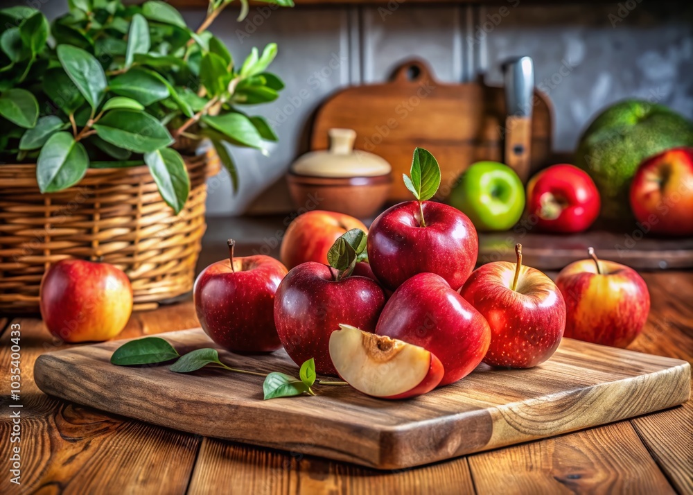Fresh Red Apple Slices on Wooden Board - Vibrant and Juicy Food Photography Fresh Red Apple Slices on Wooden Board - Vibrant and Juicy Food Photography