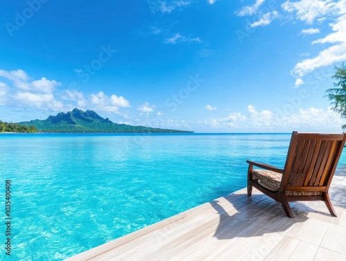 A serene view of crystal-clear water, a wooden deck, and a lounge chair under a bright blue sky, perfect for relaxation and tropical escapes.