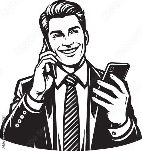 Young boss or founder or manager deal the projects, over the phone. Smiling face and discuss projects her client, vector illustration business graphic resource