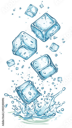 Ice cubes with water splash and drops. Cold mineral water, natural aqua or cocktail drink realistic vector splashes or frozen motion ripples with ice cubes. Refreshing beverage, soda isolated fizz