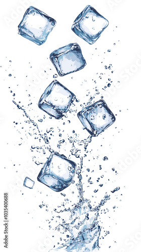 Ice cubes with water splash and drops. Cold mineral water, natural aqua or cocktail drink realistic vector splashes or frozen motion ripples with ice cubes. Refreshing beverage, soda isolated fizz