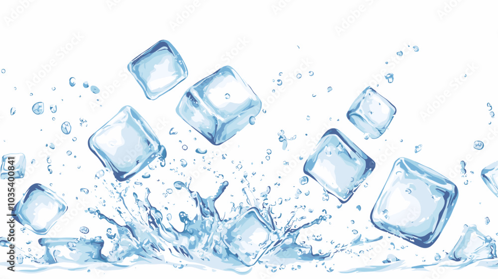 Ice cubes with water splash and drops. Cold mineral water, natural aqua or cocktail drink realistic vector splashes or frozen motion ripples with ice cubes. Refreshing beverage, soda isolated fizz Ice cubes with water splash and drops. Cold mineral water, natural aqua or cocktail drink realistic vector splashes or frozen motion ripples with ice cubes. Refreshing beverage, soda isolated fizz