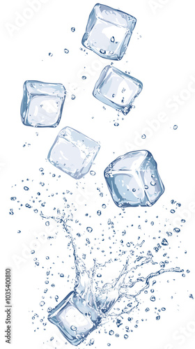 Ice cubes with water splash and drops. Cold mineral water, natural aqua or cocktail drink realistic vector splashes or frozen motion ripples with ice cubes. Refreshing beverage, soda isolated fizz